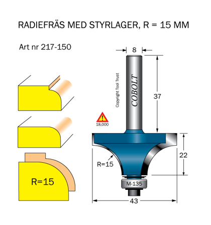 Cobolt 217-150 Avrundingsfres R=15 D=43 L=22, Maskintilbehør & forbruk