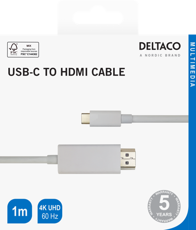 Deltaco USB-C - HDMI cable, 4K UHD, gold plated, 1m, white