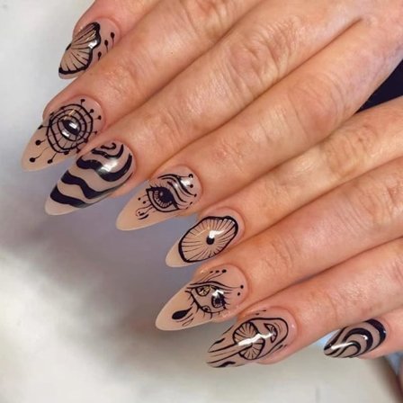 Mandelformede Tryk-på-negle, Kort Medium Længde med Helddige Designs Oval 24 Stk Falske Negle med Lim, Neglekunst