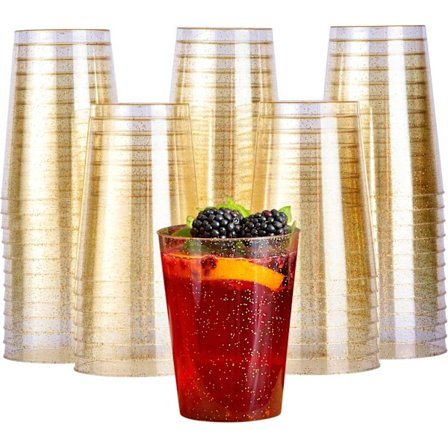 50 Premium Klare Hårde Plastikkopper, Plastikfestkopper med Guldglimmer (285ml / 10oz) - Genanvendelige Plastikglas, Tumblere