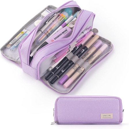 Suurikapasiteettinen kynäkotelo 3-osastoinen kynäpussi kouluun teini-ikäiselle tytölle pojalle miehille naisille (violetti)