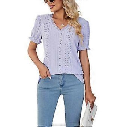 Bluser med blondekrage, V-hals, Kortermet, Løse skjorter, Pyntet, Casual, Søte sommerstopper, Strikket, Ensfarget, Hullmønster, Dame topper, Lilla 2XL