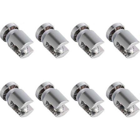 Lasipuristinkiinnike, 8 kpl Säädettävä lasihyllyn kiinnike Kiillotettu kromi Sinkkiseos Lasipuristimen pidikkeet Tukee Sylinterimäinen yksipuolinen 