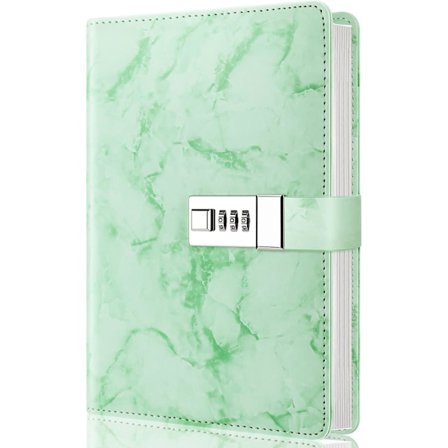 Marmor Dagbok med Lås, Påfyllningsbar A5 Daglig Journal för Flickor och Kvinnor, 192 Sidor Söt Anteckningsbok med Kombinationslås - Grön