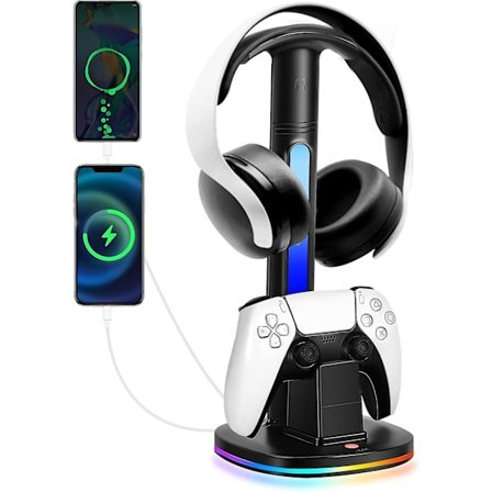 PS5 Controller-opladningsstation med RGB-hovedtelefonstativ, PS5 Controller-opladerholder med 2 USB-porte, Headset-opladerstativ