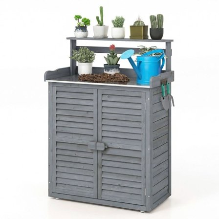 Ulkokäyttöön tarkoitettu puutarhapenkki sinkkikannella ja säilytyshyllyillä