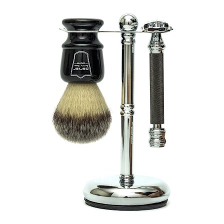 Parker Shaving 3 piece Shave Set Black brush-76R-Chrome Stand