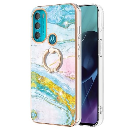 Marble Mønstret Cover med Ring Holder til Motorola Moto G71 5G - Grøn og Gul Marmor Haze
