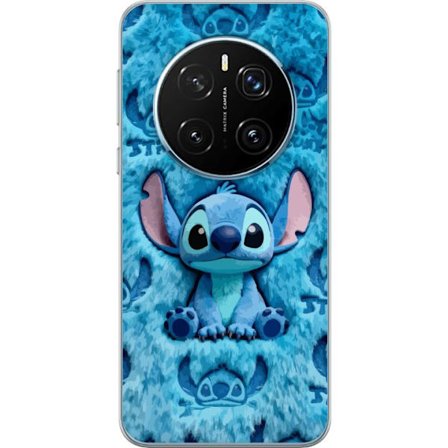 Kompatibelt Mobilskal till Honor Honor Magic7 Pro Stitch sitter på fluffigt blått mönster med sitt ansikte och öron upprepade som textur, vilket s