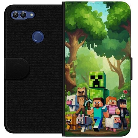Kompatibel Tegnebogsetui til Huawei P smart Klodset pixeleret spilverden med grønne figurer og dyr i frodig skovmiljø