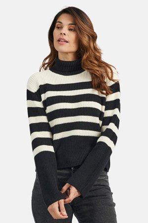 B. COPENHAGEN - Strik Med Rullekrave - Sort / Beige - Stribet