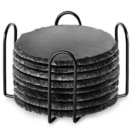 8 Round Stone Drink Coasters & Holder for Men - Gifts for foodies