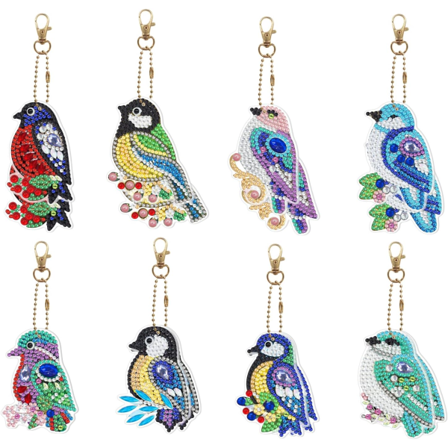 8 st 5D diamantmålning nyckelring, fågelform full diamant diamantkonst nyckelring, mosaik diamanthantverkshängande case