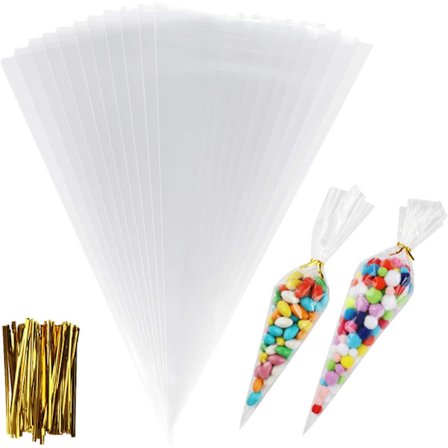 Gjennomsiktige kjegleposer, 300 stk (16 * 30 cm) Godteripose for matlagring som sjokoladekake, kjeks, godteri, nøtter, cellofan kjeglepose har 