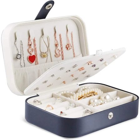 Liten smykkeskrin, bærbar reise-smykkeskrin for kvinner, smykkeorganisator for ringer, øredobber, armbånd og halskjeder, 16,5 x 11,5 x 5,5 cm Azul