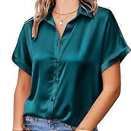 Dame Satin Skjorte Sort Grøn Hvid Revers Knap Kortærmet Toppe Løs Bluse(L grøn,blå)