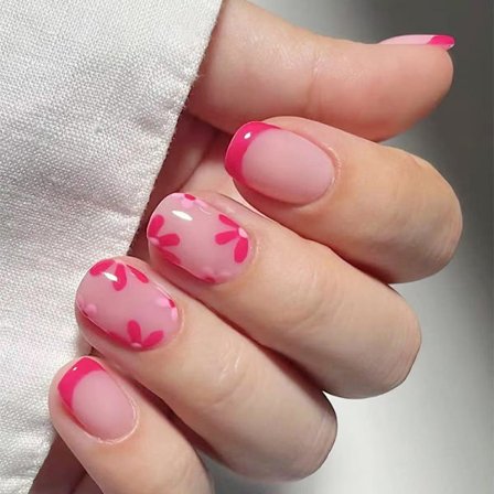 24x Fransk Tipp Løsnegler Blomster Press På Negler Kort Firkantet Lim På Negler