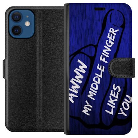 Kompatibelt Lommeboketui til Apple iPhone 12 mini Mørk typografisk illustrasjon med hjerteform og budskap om vennskap mot dyp blå tretekstur