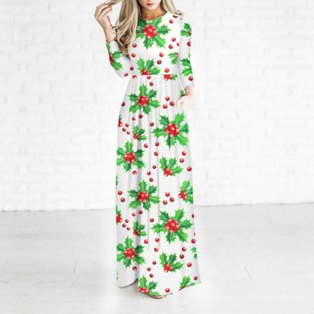 Kvinnor Långärmad Crew Neck Xmas Long Dress Swing Maxiklänningar