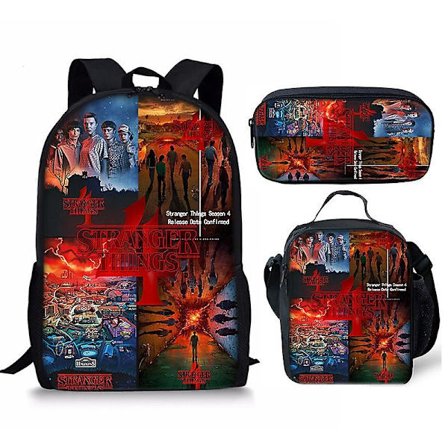 Stranger Things Sesong 4 Ryggsekk Skoleveske for Studenter, Ryggsekk/Matboks/Pennal/3-Delt Sett (Ryggsekk + Pennal + Matboks) ~18- Perfekt