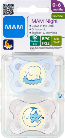 Mam Night Silk Teat smokk som lyser i mørket blue 0-6 måneder 2 stk