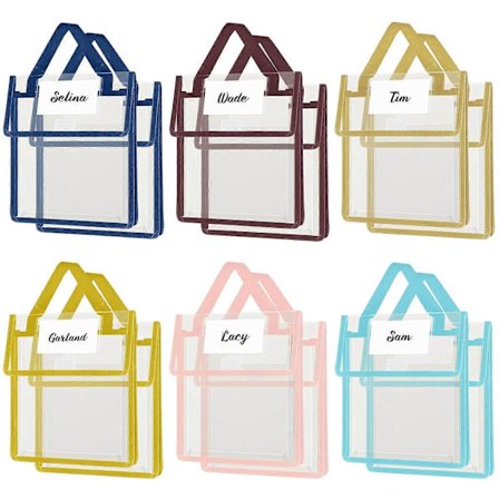 12-pakning tykke, klare bokposer med blanke navnelapper og håndtak, bokvesker