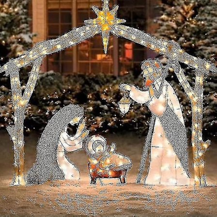 Lyste Julekrybbe for Utendørs, Julebærende Familie Hagedekorasjon, Krybbe Sett Kompatibel Med Jul Utendørs, Påskedekorasjoner