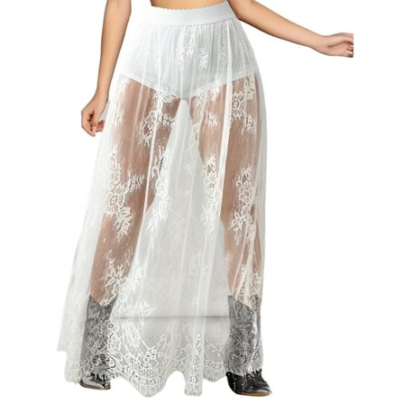 Naisten läpinäkyvä pitsihame korkea vyötärö A-linjainen pitkä hame