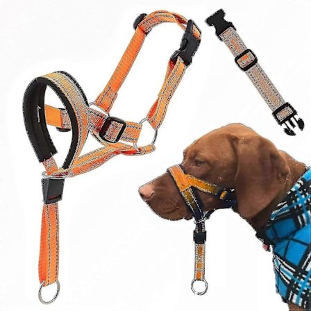Hundehovedgrime med sikkerhedsstrop, hundehovedhalsbånd med refleksstrop, anti-træk hundehalsbånd justerbar