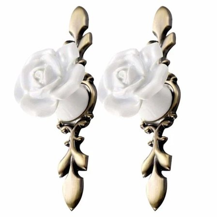 QU-2 stk Vintage Keramiske Skapknotter Blomst Roseform Skaphåndtak Dørhåndtak for Kjøkkenskap Møbler (Hvit Bronse)