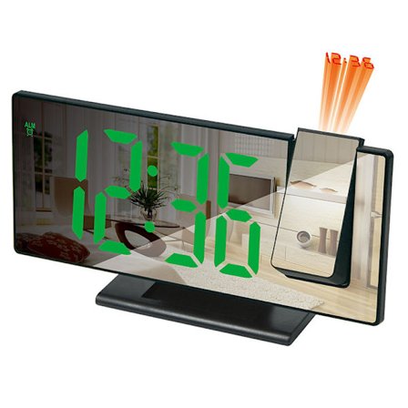 Multifunktionell projektionsväckarklocka med intelligent ljusdisplay, stor skärm, digital klocka för sovrum, väggprojektion, svart grön