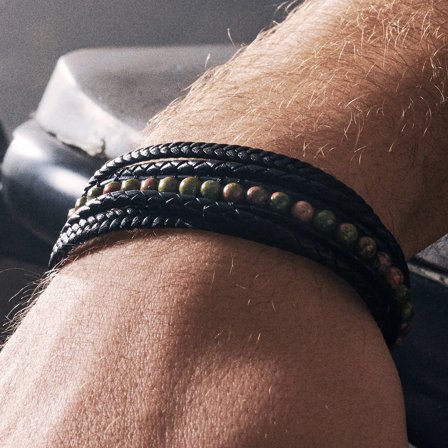 Pulsera de cuero y unakita Naxos para hombres - Pulseras de perlas