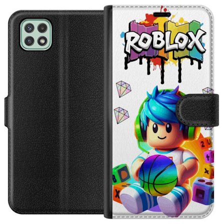 Kompatibelt Plånboksfodral till Samsung Samsung Galaxy A22 5G Färgstark Roblox-illustration med spelkaraktär, leksaker och energi, perfekt för spe