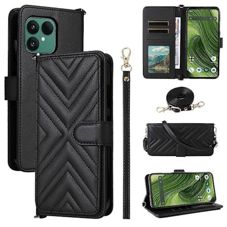 Til Fairphone 6 Etui med Skulder-/Håndledsrem Læder Telefon Cover Stativ Wallet Sort