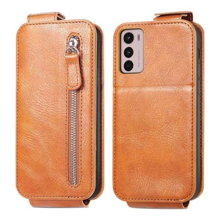 Vertical Flip Phone Suojakotelo With Zipper For Motorola Moto G42 - Ruskea