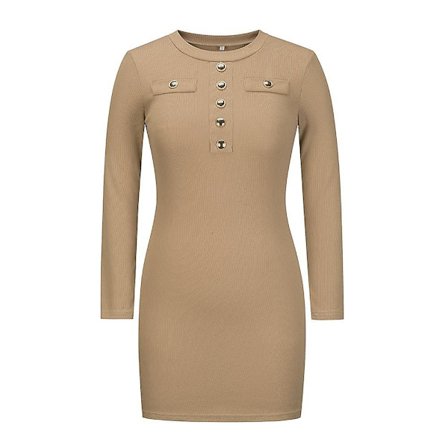 Naisten syksy talvi neulottu ribattu O-kaula-aukko pitkähihainen lantiolla napitettu korkeavyötäröinen kapea mekko S-XXL