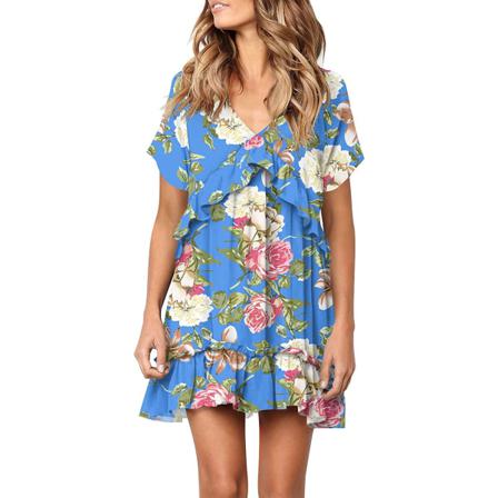 Sommarklänning Kvinnor Vintage V-ringad Snygg Print Ruffle Mini Sho