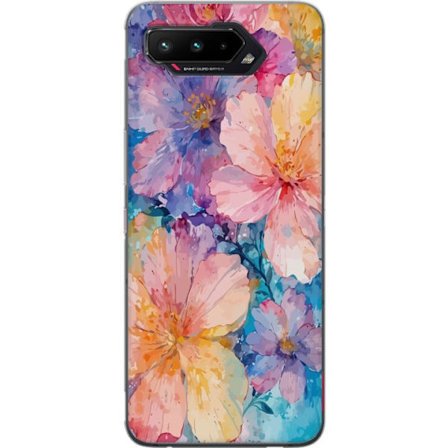 Kompatibelt Mobildeksel til Asus Asus ROG Phone 5 Akvarellmaling med store blomster i rosa, blå og gule toner i en myk kunstnerisk stil.