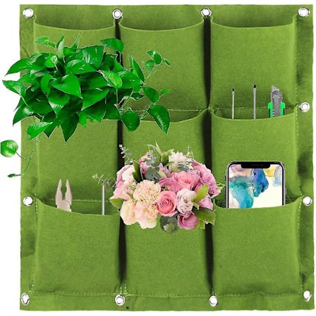 Vægophængt plantepose, vertikal væghave plantekasse blomster plantepose (grøn, 9 lommer)