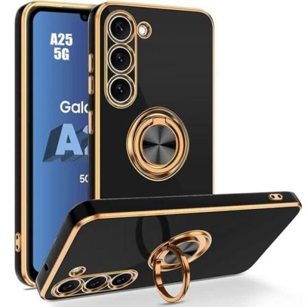 Taske til Samsung Galaxy A25 5G - Sort - Stødsikker silikonebeskyttelse med belagt roterende stativ Svart