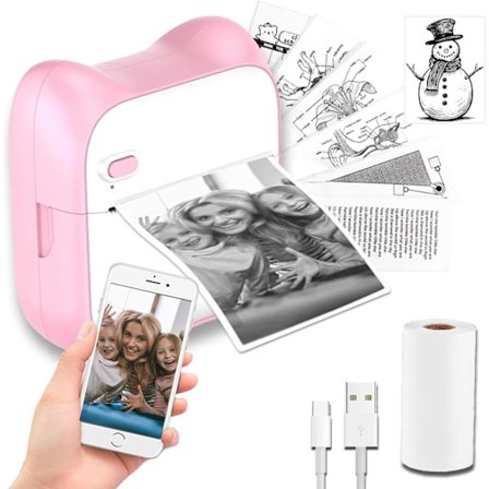 Kannettava musteeton lämpötarra-tulostin, yhteensopiva iOS:n ja Androidin kanssa, 1 rulla paperia, vaaleanpunainen
