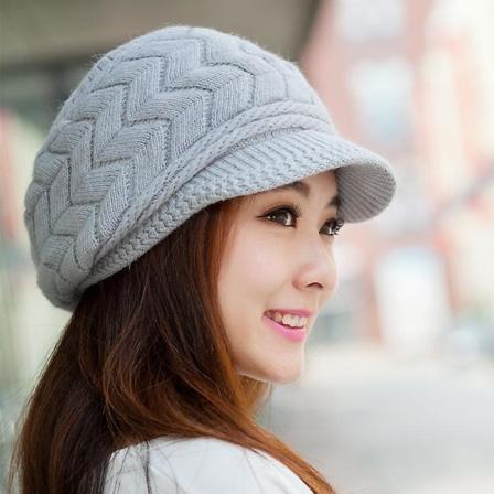 Kvinder Vinter Varm Strik Hue Uld Sne Ski Caps Med Visir Sort Grey