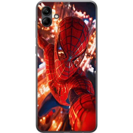 Kompatibelt Mobilskal till Samsung Samsung Galaxy A05 Spider Man i intensiv action med gnistrande ljus och dynamiskt perspektiv i filmisk superhjälte