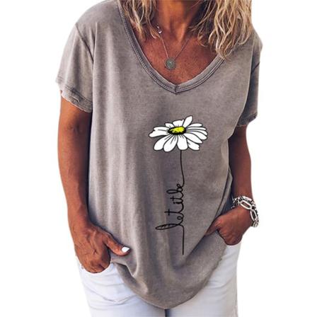Kvinnor T-shirt V-hals Blomma Utskrift Top Kortärmad Lös