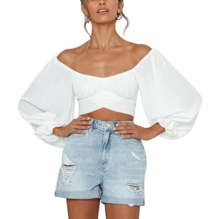 Dame Off Shoulder Flæse Wrap Crop Top Elastisk Manchet Lang Pufærme Bindebånd Bagpå Fest Rejse Type 2 L