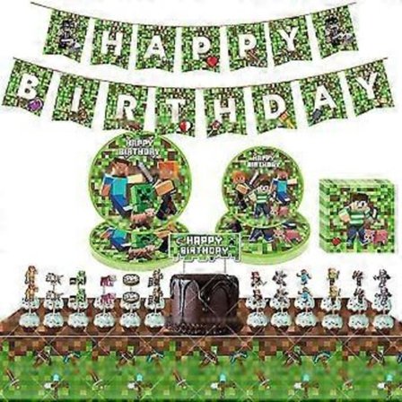 Minecraft Pixel Spel Barnkalas Bordsdekorationer Tillbehör Kit Inkluderar Banner, Duk, Tallrikar, Servetter, Muffinsdekorationer