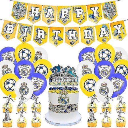 Real Madrid-tema fødselsdagsfestdekoration til drenge - Fodboldhold fødselsdagsflag kagepynt ballon