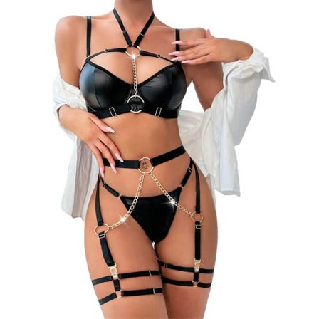 Set for kvinner Sexy stropper 5 deler undertøy strømpebånd med bøyler Push Up BH og kjede L