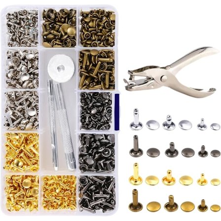 360 Stykker Metal Nitte Tang 3 Størrelser Dobbelt Nitte Dobbelt Hætte Lædernitter Sæt 4 Farver Rørformede Nitter til Læderhåndværk Reparation