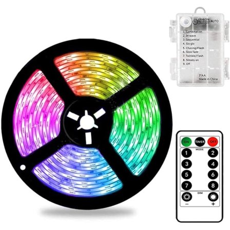 3m Batteri LED Strip Lys med Fjernbetjening, 90 LED Lys Strip Vandtæt, 8 Modes, Dæmpbar, Kan Klippes (Multifarvet)